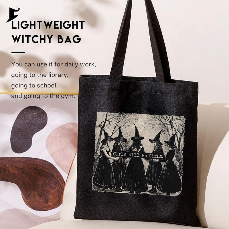 Kimoli Aesthetic Witchy Canvas Tote Bag for Women Funny Witchy Gifts for Women Cute Girls Will Be Girls Canvas Bag Spooky Reusable Beach Shoulder Grocery Casual Bag for Work Travel, Black - Image 4